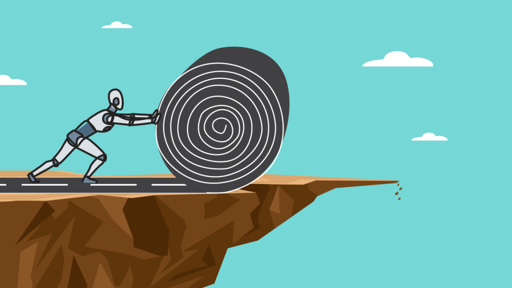 Illustration of a robot laying train tracks off a cliff.