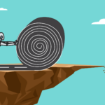 Illustration of a robot laying train tracks off a cliff.