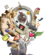 The image features a silver meat grinder. Going into the grinder at the top are various culturally symbolic, historical, and fun icons – such as emojis, old statutes, a computer, newspapers, an aeroplane. At the other end of the meat grinder, coming out is a sea of blue and grey icons representing chat bot responses like 'Let me know if this aligns with your vision' in a grey chat bot message symbol.