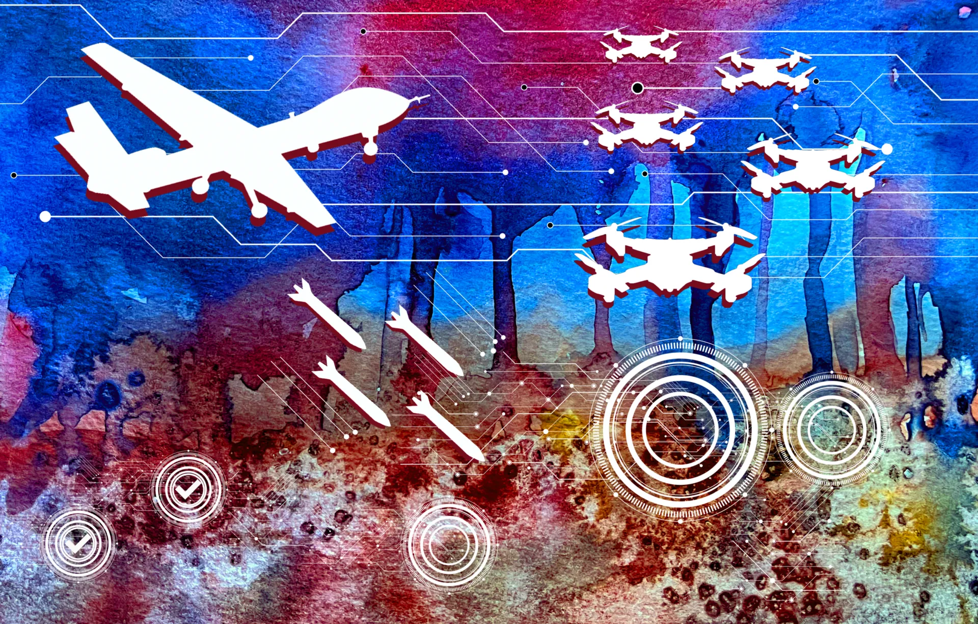 White silhouettes of a UAV, drones, and missiles with red shadows atop a vibrant and chaotic watercolor background. Circuit and target graphics suggest open and hit targets.