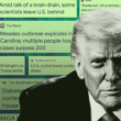An Illustration by Sarah Starkey depicting President Donald Trump in front of a collection of headlines that read titles like "Measles outbreak explodes in South Carolina" and "Amid talk of brain drain, some scientists leave US behind."