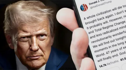 Donald Trump's face is pictured next to a smartphone displaying one of his social media posts.