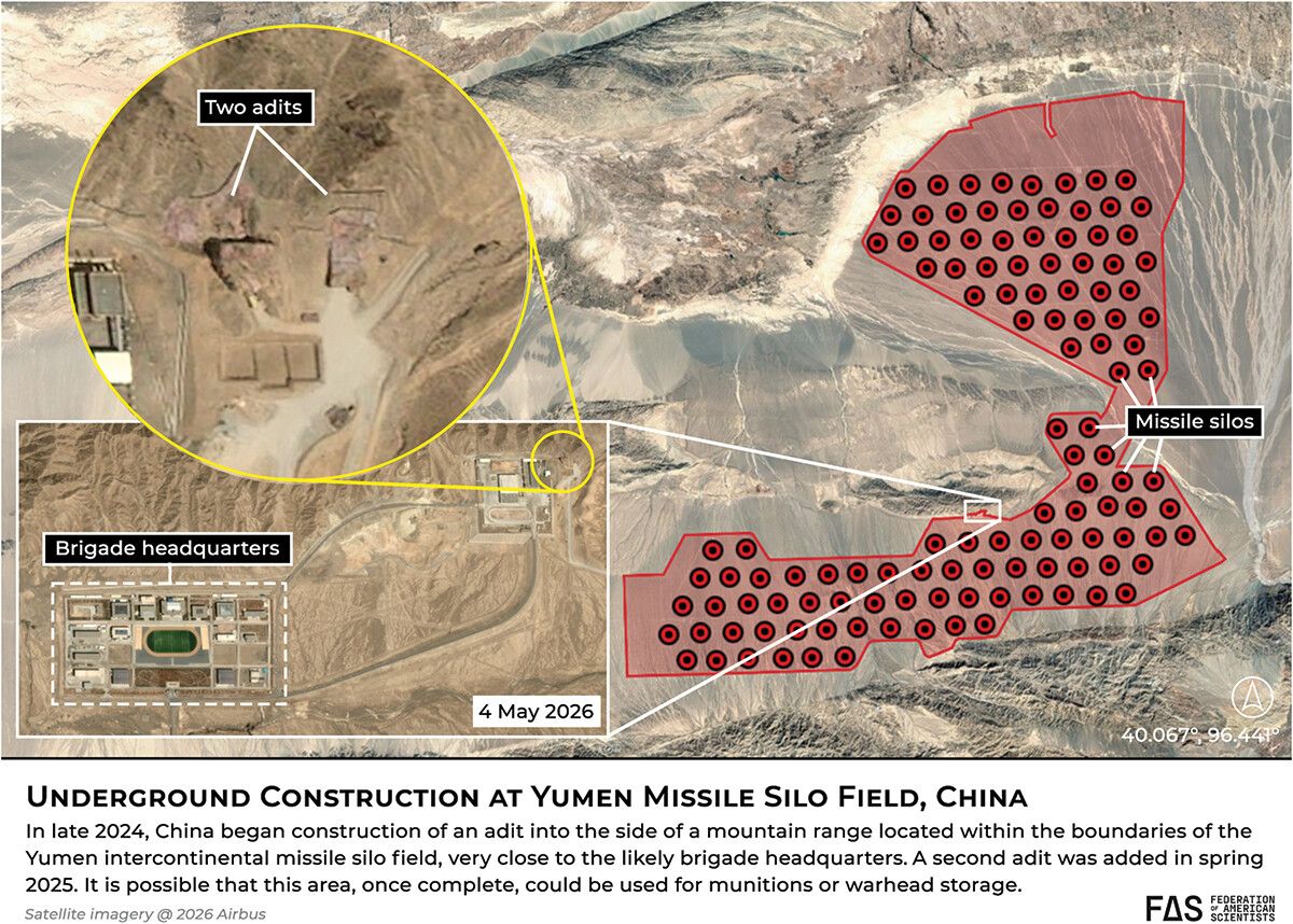 Satellite image showing underground construction at Yumen missile silo field in China, with labeled locations for missile silos, two adits, and brigade headquarters.