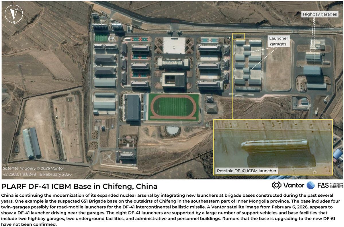 Satellite image shows the PLARF DF-41 ICBM base in Chifeng, China, with highlighted areas for launcher garages, highway garages, and a possible DF-41 launcher.