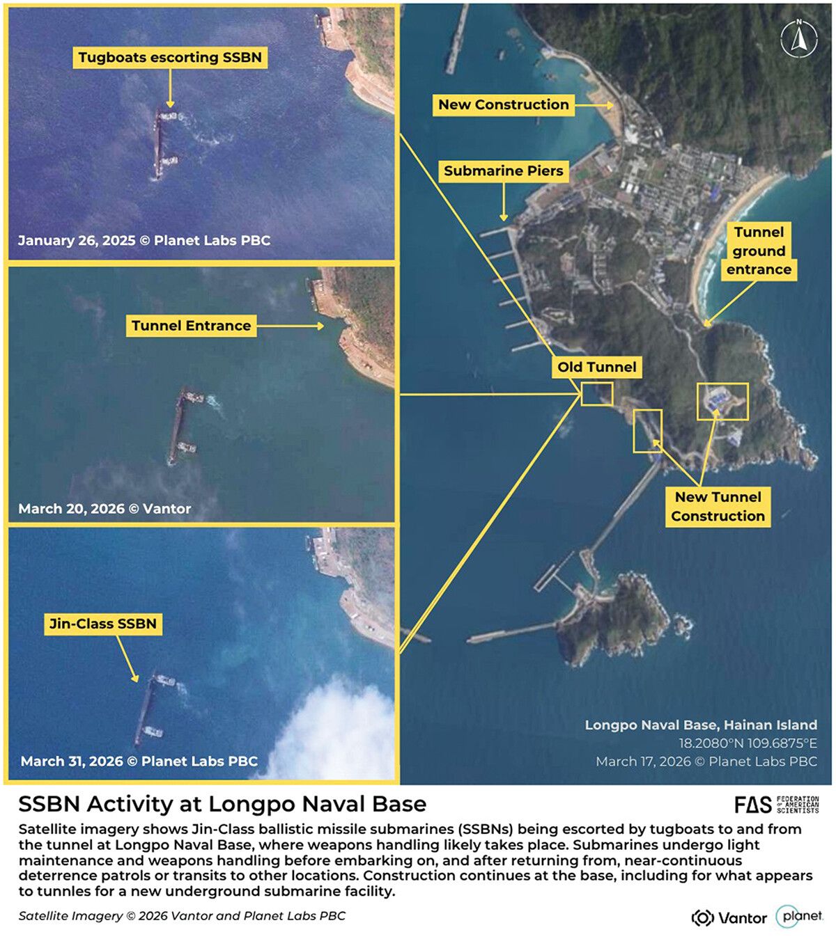 Satellite image of Longpo Naval Base shows new construction, tunnel entrances, tugboats, and a Jin-class submarine docked near maintenance and weapons handling facilities.