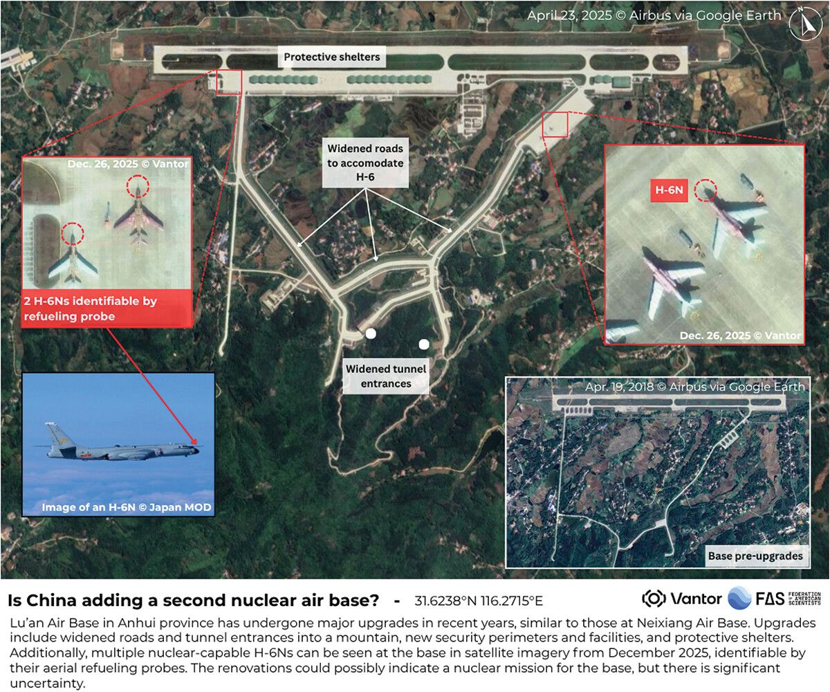Satellite image analysis of a Chinese air base shows aircraft, widened runways, protected shelters, and new tunnels; text questions potential nuclear capabilities and construction upgrades.