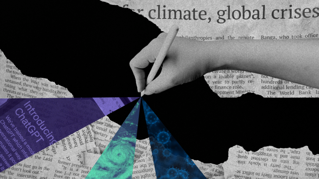 A hand holds a pen that has an image of a chatbot, hurricane, and virus expanding in different directions from the tip of the pen. Behind it are newsletter scraps, with one showing a partial headline that reads, "climate, global crises."