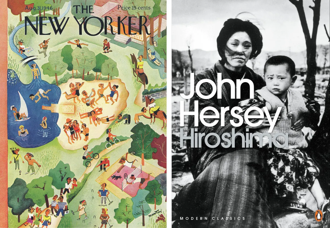Left: Illustrated park scene from The New Yorker cover, August 1946. Right: Black-and-white photo of a woman and child on the cover of “Hiroshima” by John Hersey.