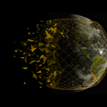 A digital rendering of Earth shows gold geometric shapes dispersing from one side, while a gold mesh grid overlays the other half, symbolizing technological transformation or data networks.