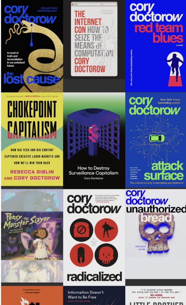 a sampling of the covers of books by Cory Doctorow