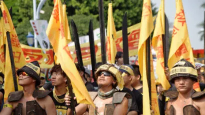 anti-nuclear waste protest by Taiwan indigenous tribe, in costume