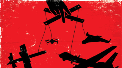 A hand puppeteering several drones against a red background.