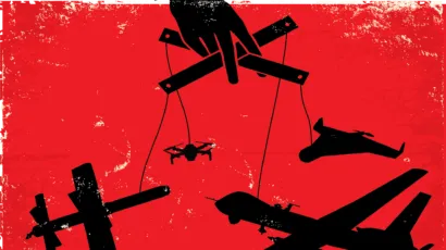 A hand puppeteering several drones against a red background.