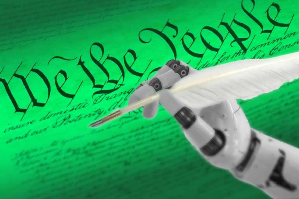 A robot hand holding a quill over "We the People" text.