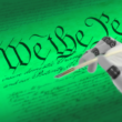 A robot hand holding a quill over "We the People" text.