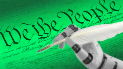 A robot hand holding a quill over "We the People" text.