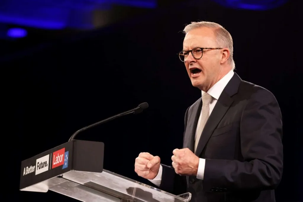 Anthony Albanese speaking at a podium with the Labor party logo and the slogan “A Better Future.”