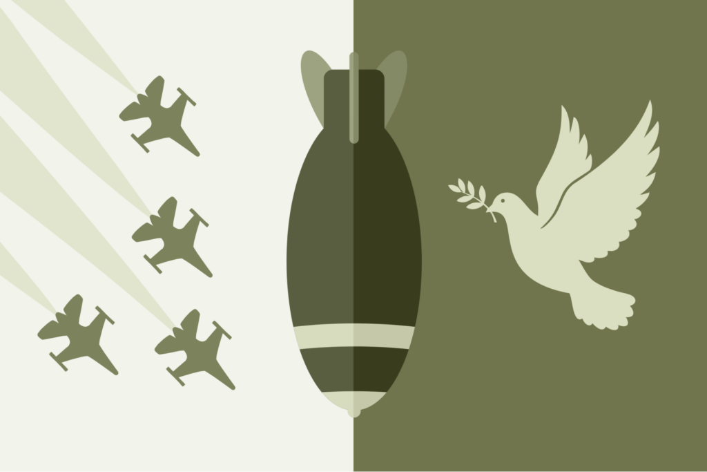 A graphic showing four fighter jets leaving contrails, a large bomb, and a white dove carrying an olive branch.