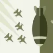 A graphic showing four fighter jets leaving contrails, a large bomb, and a white dove carrying an olive branch.