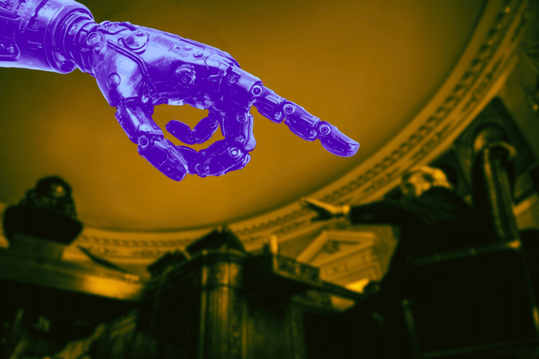A robotic hand extends from the left to point toward a president sitting in the Oval Office with his hand reached out in a halting motion