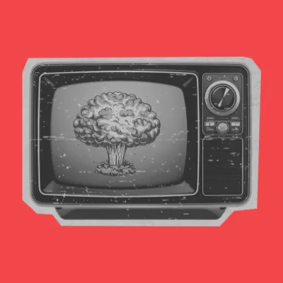 A retro TV appears in black and white with a nuclear mushroom cloud showing on the screen.