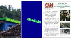 Examples of composite images designed to be used in disinformation campaigns. Left and Center: This anti-Widodo hashtag was added to the building through the use of a digital image-editing tool. The modification was detected by an algorithm that searches images for inconsistencies in the statistics of their pixels. Right: The CNN International logo has been added to a false news story about Widodo.