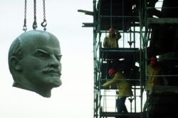 statue of Lenin being dismantled in Berlin, 1991