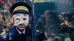 traffic warden with rifle and mask