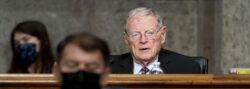 Sen. Jim Inhofe, a Republican from Oklahoma and ranking member of the Senate Armed Services Committee, speaks during a hearing in March on the Defense Authorization Request for fiscal year 2022 and the Future Years Defense Program. Photographer: Andrew Harnik/AP/Bloomberg via Getty Images