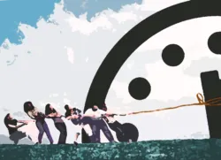 kids pulling back the hands of the Doomsday Clock