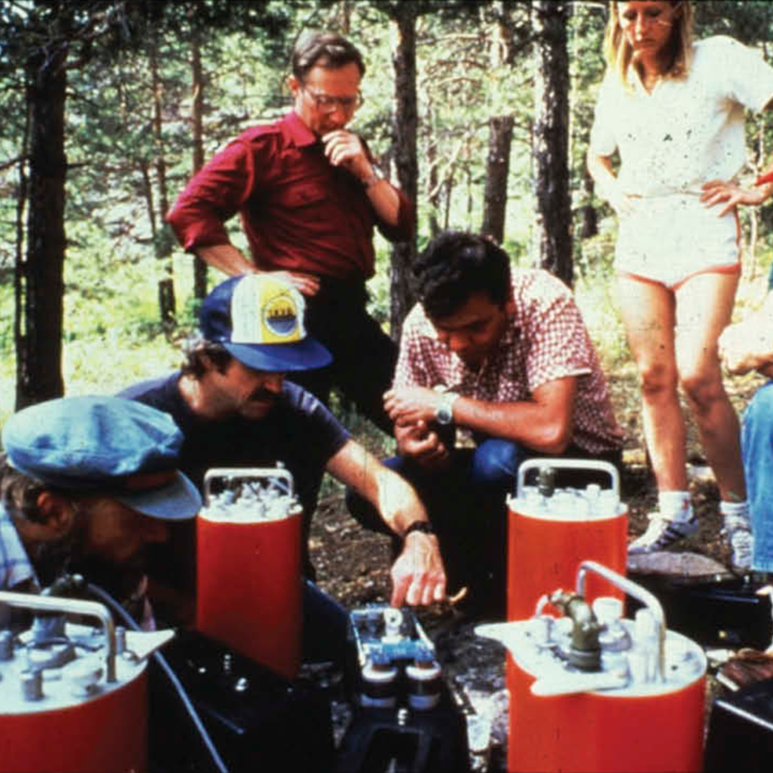 US seismologists with portable seismometers on a granite outcrop in Kazakhstan, July 1986