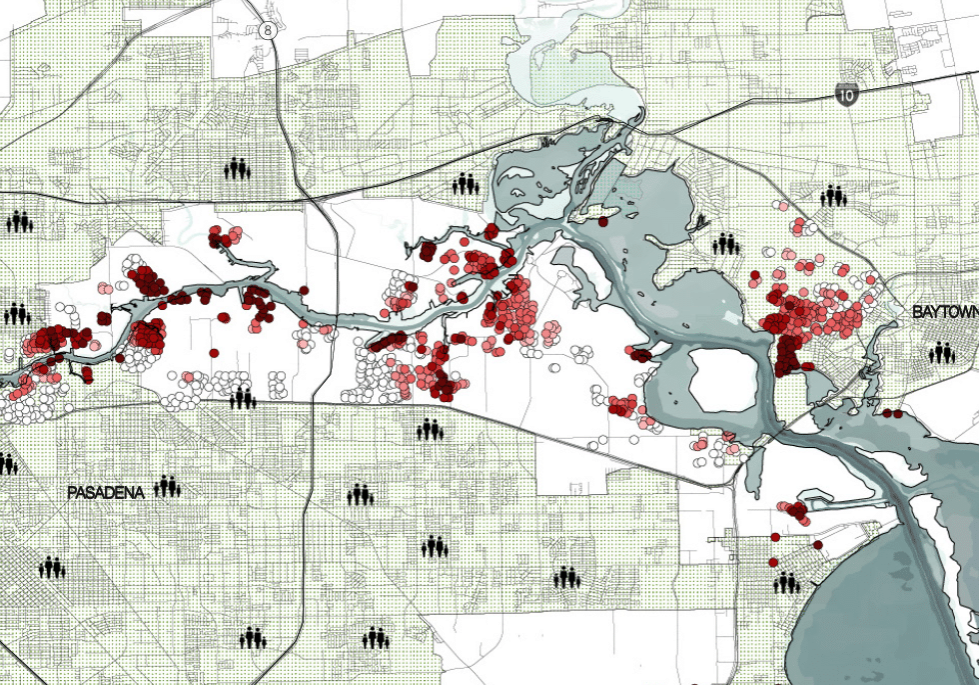 Map assessing the vulnerability of individual tanks along the Houston Ship Channel— darker shades indicate higher probability of failure. (Detail from the Rice University SSPEED Center's <a href="https://www.sspeed.rice.edu/gbpp">brochure</a> on the Galveston Bay Park plan)